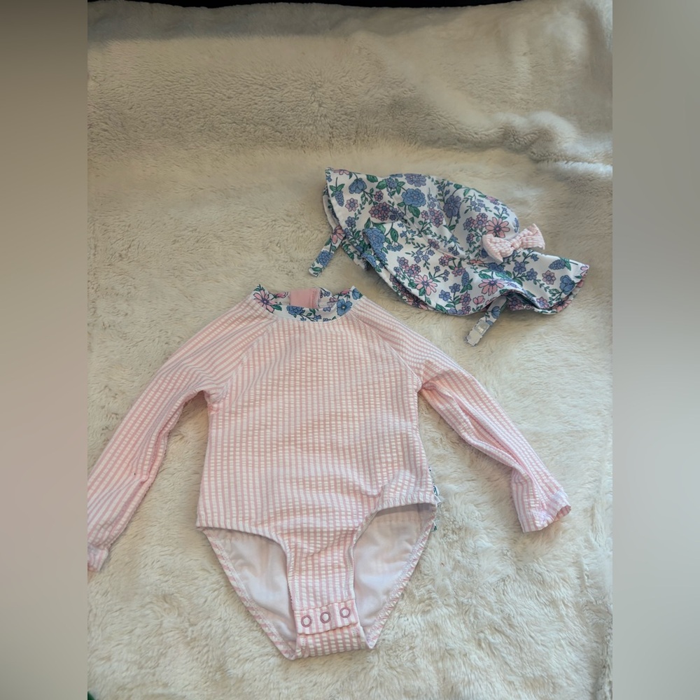 Tommy Bahama Pink Striped Long-Sleeve One-Piece with Floral Sun Hat - Picture 2 of 4